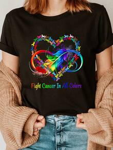 Women's T-Shirt "Cancer Sucks" - Short Sleeve, Crew Neck, Casual Style With Cancer Ribbon, Semi-Transparent For Daily Wear, Charity And Outfits, Machine Washable (Chinese Name And Heading "Cancer Sucks") - 黑色 - 查看 2