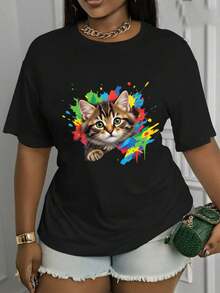 Soft, Breathable, And Lightweight For All-Day Comfort. Short-Sleeve T-Shirt With A Crew Neck And A Cute Cat Print. This Stylish And Versatile Top Is Suitable For All Seasons; It Features A Casual Crew Neck Design And Is Made From A Soft, Stretchy Fabric. The Classic Crew Neck With A Relaxed Fit Flatters All Body Shapes And Is Easy To Pair With Jeans, Shorts, And Leggings. - 黑色 - 查看 12