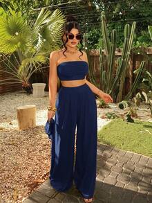 Conjunto de pantalones anchos y acampanados con pliegues y sin tirantes, de moda para mujeres, ideal para vacaciones de verano, vacaciones, playa y estilo bohemio sexy - Azul marino - Ver 3