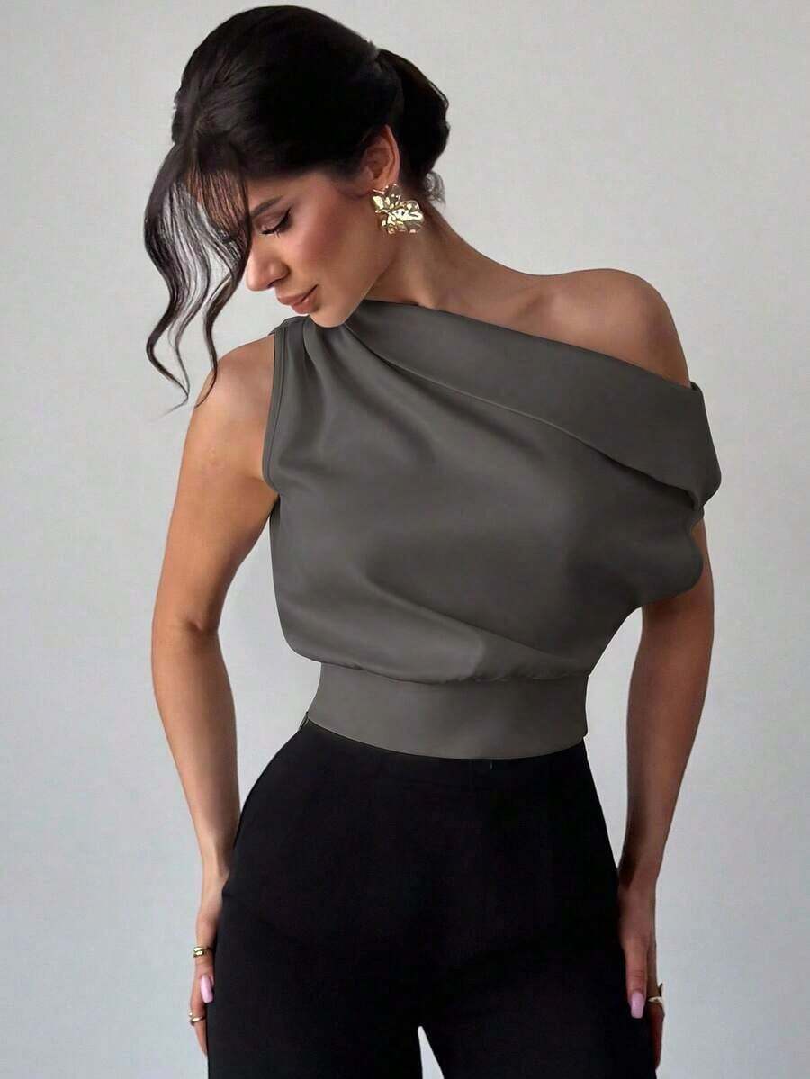 Blusa asimétrica plisada de color albaricoque, elegante y asimétrica en los hombros, adecuada para el Día de San Valentín y el verano, un nuevo y elegante diseño para primavera/verano, versátil para ir al trabajo, la oficina, el día a día, las vac - Gris - Ver 1