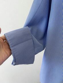 Camisa casual azul de mujer de manga larga a rayas y de un solo abotonado - Azul - Ver 7
