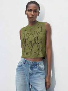 Parte superior de punto sin mangas con diseño calado de unicolor, adecuada para el Día de San Patricio, vacaciones de primavera, Pascua.Parte superior calada para el verano, blusas de verano para mujeres, blusas de punto para mujeres - Verde - Ver 3