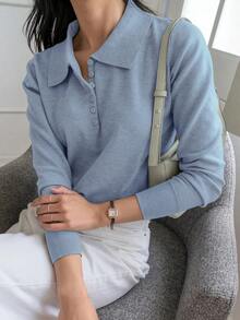 1 pieza Suéter de mujer de unicolor de manga larga, estilo casual de negocios para otoño, blusas de manga larga, ropa de mujer de otoño - Celeste - Ver 6