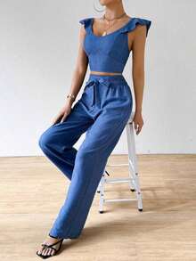 Conjunto de dos piezas de blusa con mangas de vuelo y pantalones largos de unicolor casual para mujer - Azul - Ver 5