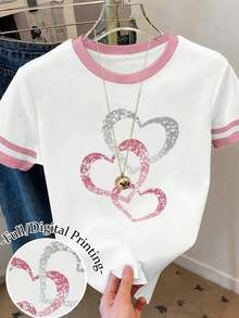 Camiseta de mujer 100% algodón con estampado gráfico de corazón y amor, cuello redondo, contraste de color blanco y negro, bloques de color y rayas - Multicolor 16 - Ver 1
