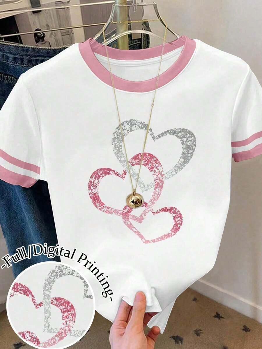 Camiseta de mujer 100% algodón con estampado gráfico de corazón y amor, cuello redondo, contraste de color blanco y negro, bloques de color y rayas - Multicolor 16 - Ver 1