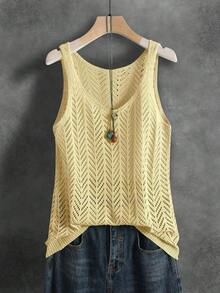 Chaleco sin mangas de punto calado y de unicolor, transpirable y versátil para mujeres.Adecuado para deportes, fitness, uso diario, vacaciones de verano, casual, unisex, suave y cómodo para todas las estaciones - Amarillo - Ver 5