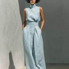 Conjunto Primavera Blusa Sin Mangas Mezcla Algodón Lino Sólida Elegante para Mujer + Pantalones Anchos - azul cielo - Ver 6