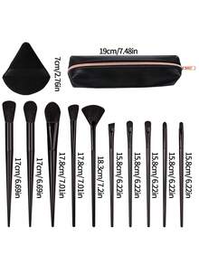 13PCS Black Makeup Brush Set With Bag&Powder Puffs, Professional Brushes For Foundation, Eyeshadow & Blush, All-In-One Kit - Black - View 9