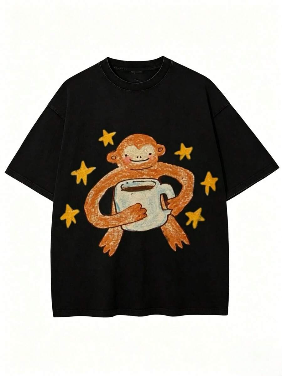 Women's T-Shirt With Cute Monkey Holding Coffee Print, Comfortable And Breathable, Pure Cotton, Short Sleeve, Round Neck, Loose Fit, Casual Urban Style, Soft Black Fabric T-Shirt With Monkey And Star Graphic For Everyday Wear - 黑色 - 查看 1