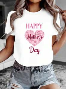 Celebra el Día de la Madre con esta encantadora camiseta casual para mujer que presenta un bonito diseño de corazón con rosas rosas, perfecta para usar en primavera y verano. - Blanco - Ver 1