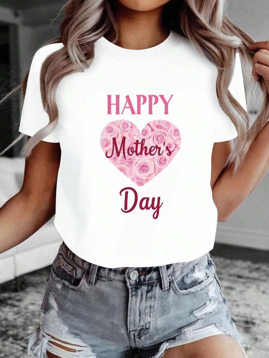 Celebra el Día de la Madre con esta encantadora camiseta casual para mujer que presenta un bonito diseño de corazón con rosas rosas, perfecta para usar en primavera y verano. - Blanco - Ver 1