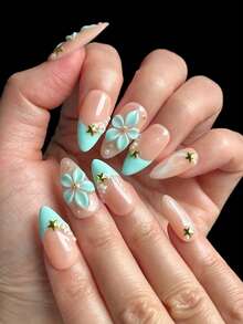 10 piezas de uñas acrílicas con forma de almendra hechas a mano, con base de color rosa nude, puntas francesas de color verde menta, con tallado floral 3D, minimalista y lindo, adecuado para niñas y mujeres para uso diario, vacaciones, boda y decoración de uñas escolares. Incluye pegamento y lima de uñas. - Multicolor - Ver 5
