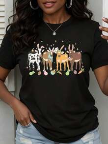 Camiseta con Estampado de Animales de Pascua (Vaca, Cabra, Ciervo, Caballo) para Mujer, Estilo Casual, Regalo para el Festival de Primavera, Estilo Vintage Urbano, Unisex, de Algodón, Manga Corta, Cuello Redondo, 100% Algodón - Negro - Ver 7