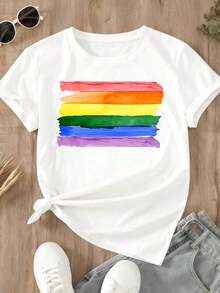 Camiseta con Estampado de Arcoíris, Estilo Casual Deportivo para Uso Diario - Estilo Urbano Vintage, Unisex, Holgada, de Algodón, Manga Corta, Cuello Redondo, 100% Algodón - Blanco - Ver 3