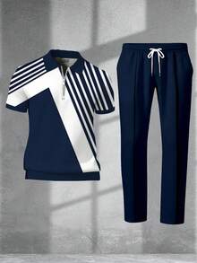 Men's Casual Geometric Print Quarter-Zip Sweatshirt And Drawstring Pants Set, 3D Digital Print, 100% Polyester, Navy Blue Printed Short-Sleeve Shirt - Màu hỗn hợp - Xem 4