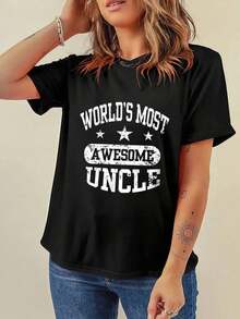 Camiseta Casual de Algodón Grueso de 180g para Mujer Payeah, Diseño "El Tío Más Genial del Mundo", 100% Algodón, Impresión Digital (1 Pieza) - Negro - Ver 1