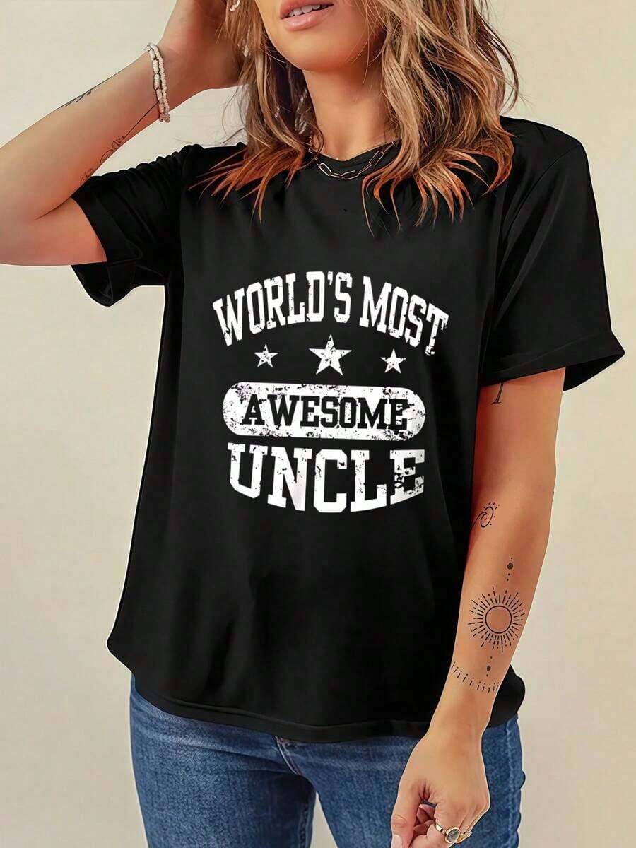 Camiseta Casual de Algodón Grueso de 180g para Mujer Payeah, Diseño "El Tío Más Genial del Mundo", 100% Algodón, Impresión Digital (1 Pieza) - Negro - Ver 1