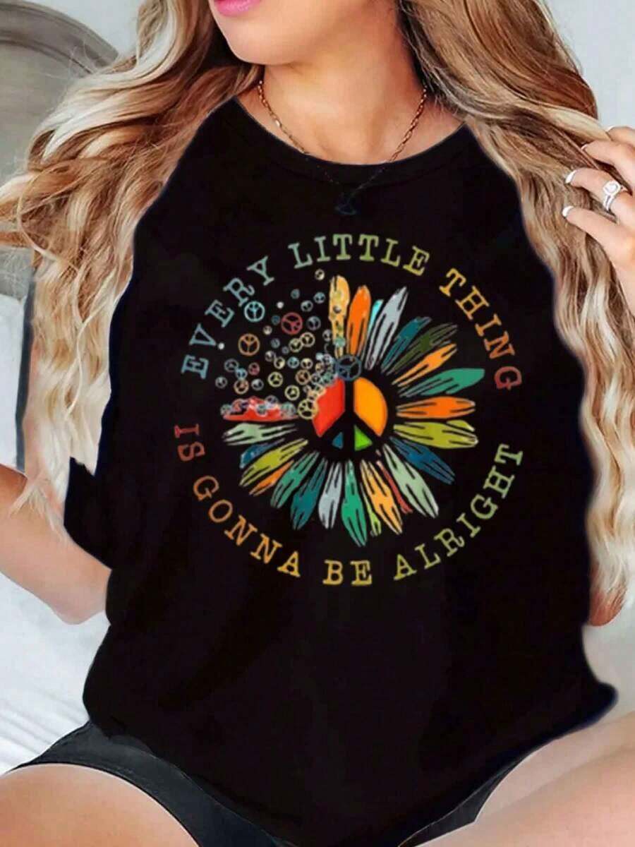 Under The Radar Women's Crew Neck T-Shirt With Peace Symbol Print And 'Every Little Thing Is Gonna Be Alright' Slogan, Casual Summer Top 220g - Vintage Urban Style, Unisex Loose Fit Short Sleeve Crew Neck Cotton T-Shirt - 黑色 - 查看 1