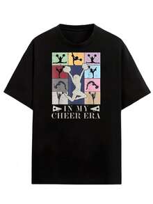 Camiseta Negra de Manga Corta Oversize con Gráficos Coloridos de Animadoras y Texto 'IN MY CHEER ERA', Ropa Casual con Gráficos, Camisetas para Mujer, Playera Holgada para Mujer - Negro - Ver 3