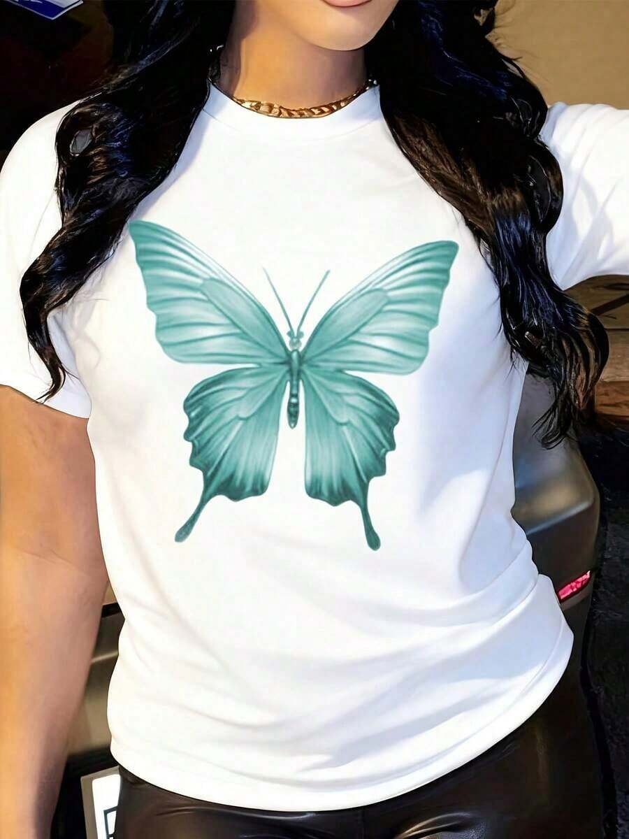 Under The Radar Women's Casual T-Shirt With Butterfly Graphic Print, Crew Neck, Short Sleeve, Drop Shoulder - Soft And Comfortable For Casual Wear - Unisex Vintage Urban Style, Cotton Short Sleeve Crew Neck T-Shirt - 白色 - 查看 1