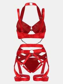 Women's Sexy Lingerie Set, Underwire Push-Up Bra, Garter Belt Set With Chain - Red - View 2