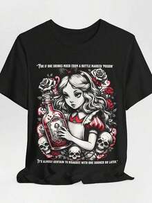 Camiseta de Mujer Alicia en el País de las Maravillas con Frase de Veneno - Diseño de Arte Gótico Fantasía, Negra con Rosas Rojas y Calaveras, Manga Corta, Cuello Redondo, Ropa Casual de Verano, Ropa Diaria, Diseño Fantasía, Acabado Brillante, Estilo Gótico Casual, Tela Duradera - Negro - Ver 1