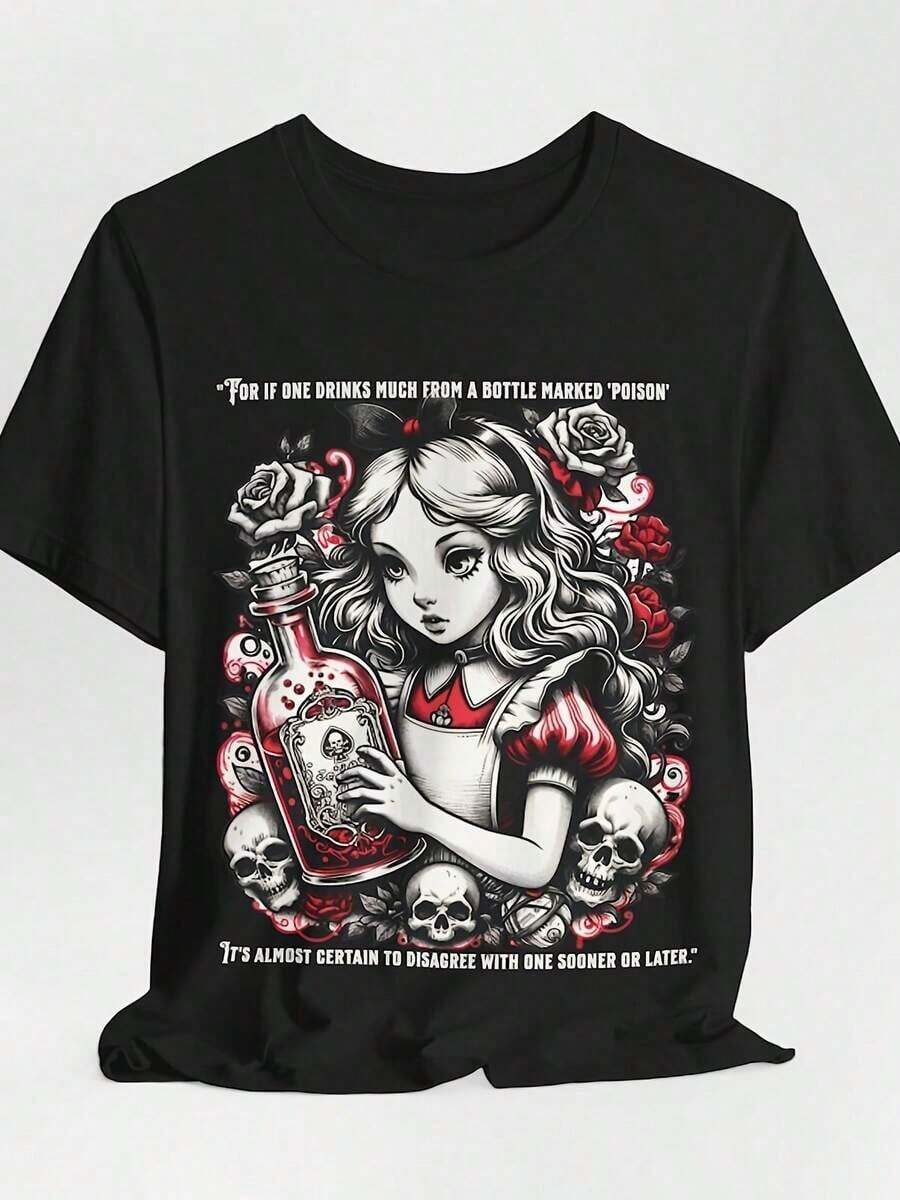 Camiseta de Mujer Alicia en el País de las Maravillas con Frase de Veneno - Diseño de Arte Gótico Fantasía, Negra con Rosas Rojas y Calaveras, Manga Corta, Cuello Redondo, Ropa Casual de Verano, Ropa Diaria, Diseño Fantasía, Acabado Brillante, Estilo Gótico Casual, Tela Duradera - Negro - Ver 1