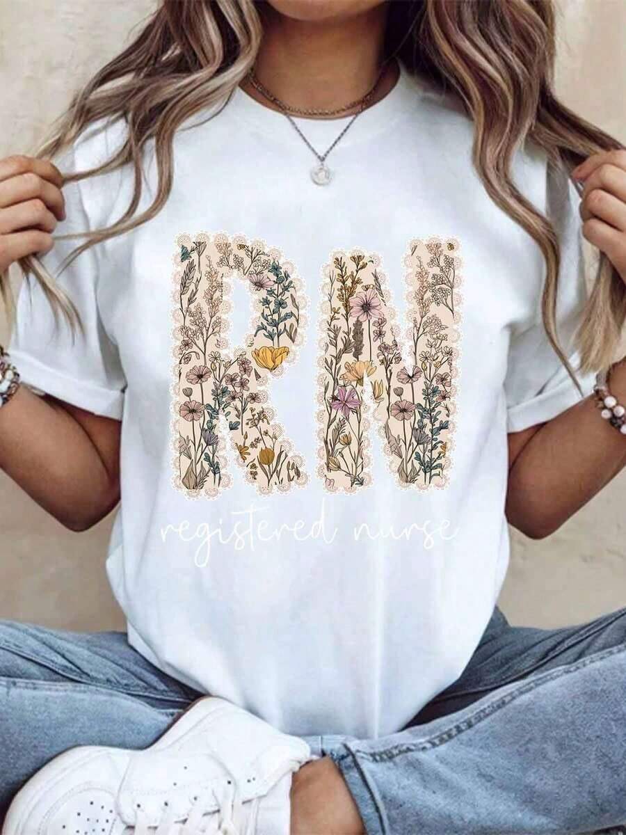 1 Registered Nurse T-Shirt With Floral Design For Nurses, Gift For Medical Professionals, Men's And Women's T-Shirt With Botanical Design, 180g 100% Cotton. - 白色 - 查看 1