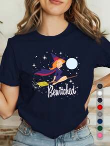 Women's T-Shirt With Magic Witch's Broom, Moon, And Starry Sky Design - 100% Soft, Crew Neck, Short Sleeve, Casual Top For Halloween And Everyday Wear, Purple Lettering And Magical Night Sky Design, Machine Washable For All-Season Comfort. ZHDI - 海軍藍 - 查看 1