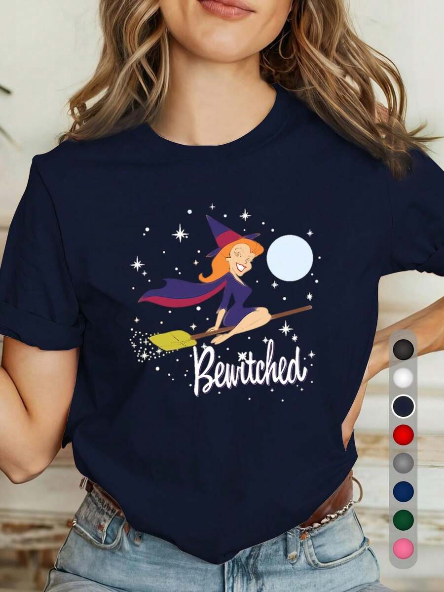 Women's T-Shirt With Magic Witch's Broom, Moon, And Starry Sky Design - 100% Soft, Crew Neck, Short Sleeve, Casual Top For Halloween And Everyday Wear, Purple Lettering And Magical Night Sky Design, Machine Washable For All-Season Comfort. ZHDI - 海軍藍 - 查看 1