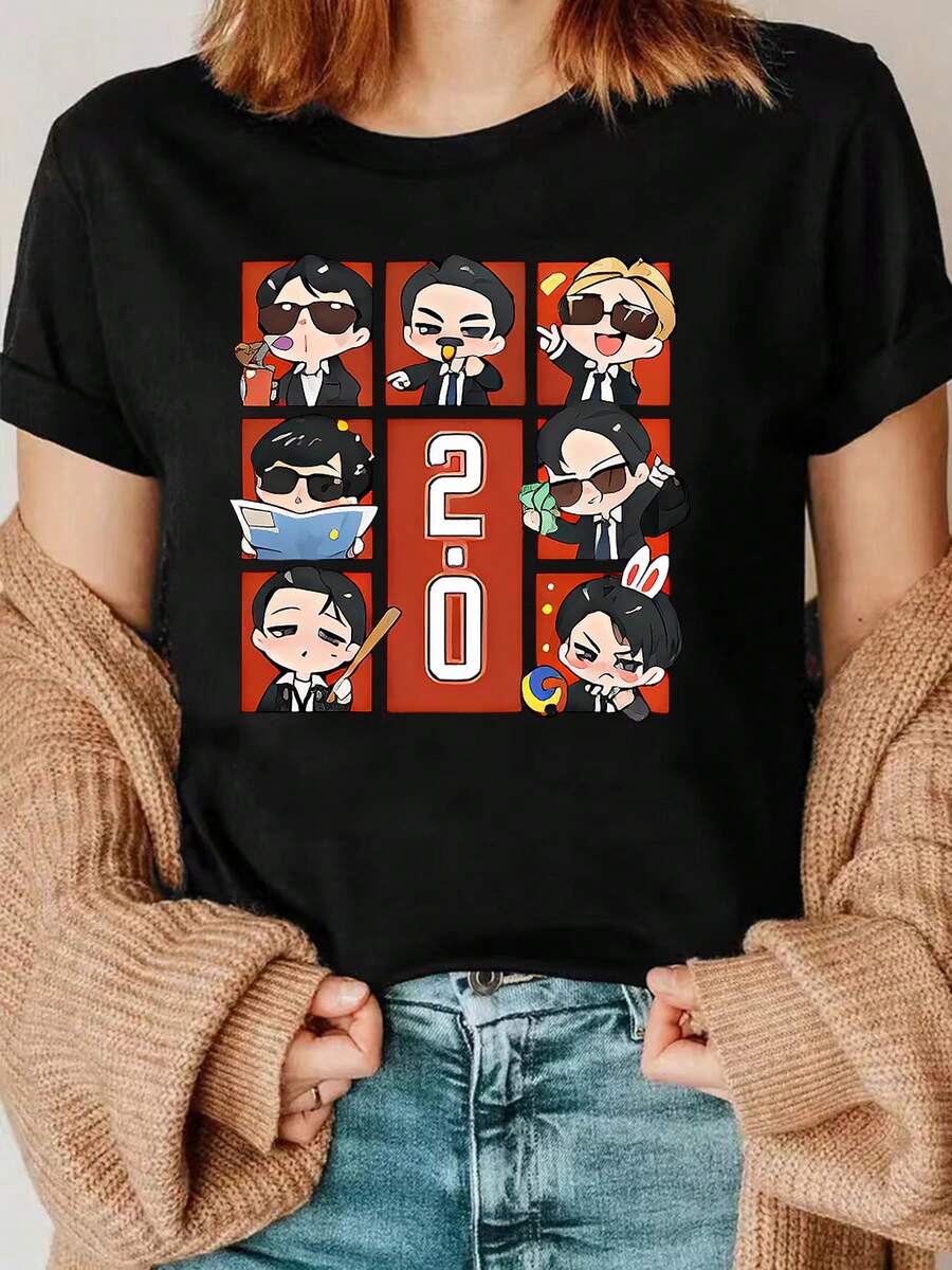 Camiseta con Estampado Colorido Estilo Gangster Serie 2.0 - Camiseta Casual de Manga Corta con Cuello Redondo para Mujer, Mezcla de Poliéster Suave, Corte Holgado, Imprescindible para la Moda de Primavera y Verano.camisas de mujer sudaderas para mujer sueter blusa casual mujer verano vestidos de graduación - Negro - Ver 1