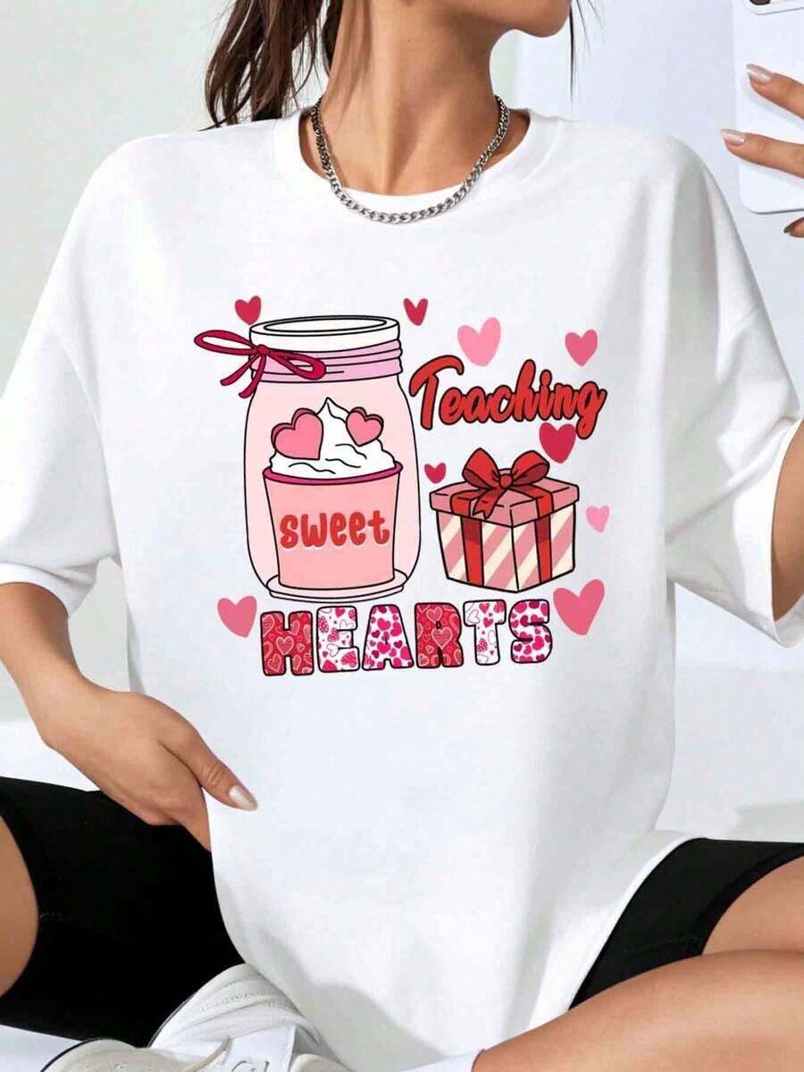 Camiseta con Diseño de Regalo de San Valentín "Sweet Hearts" para Maestras, Ropa para Celebración del Día del Maestro, Playera Holgada para Mujer - Blanco - Ver 1