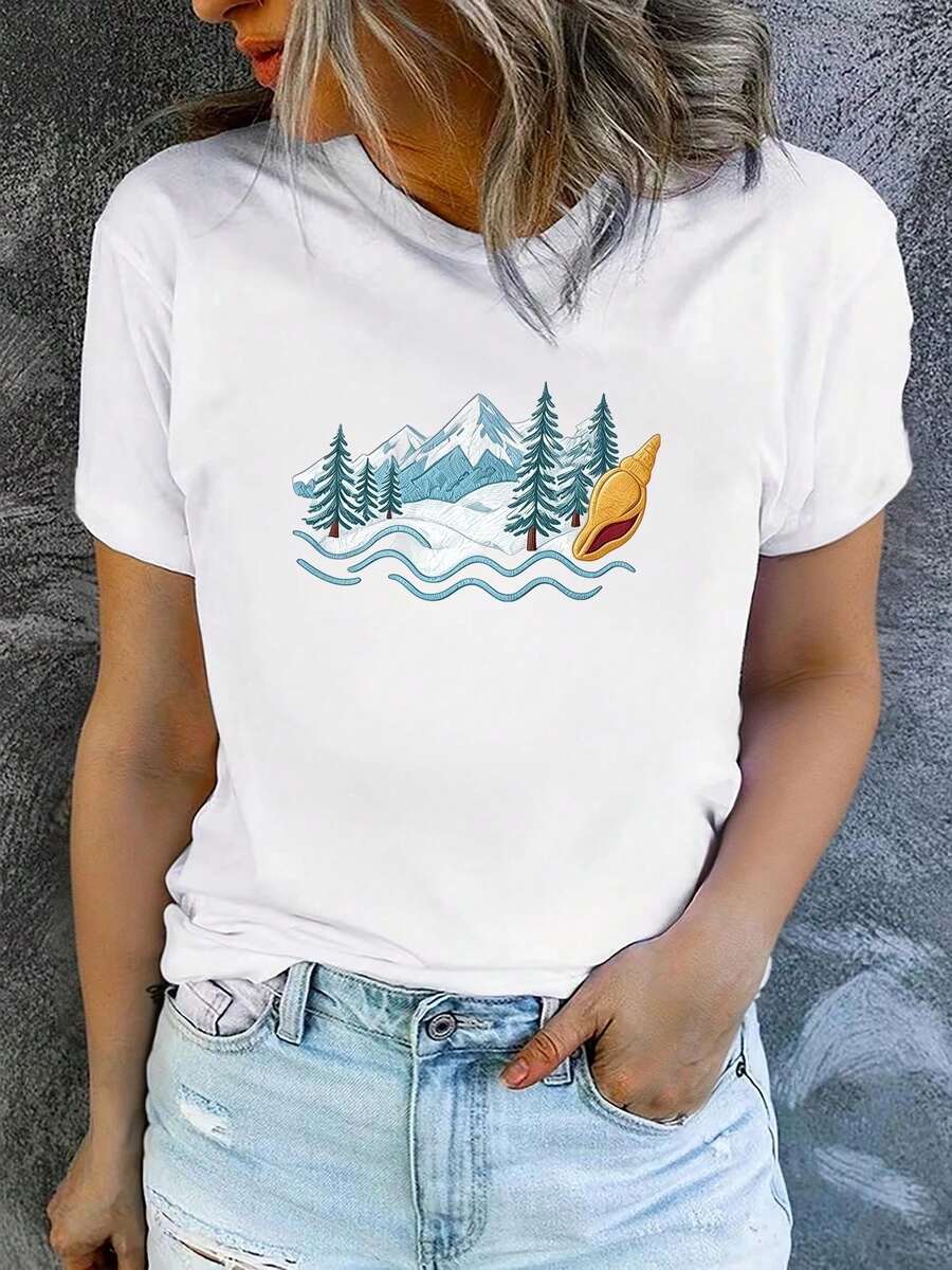 Camiseta de manga corta con cuello redondo para mujer, estampada, moderna y casual, lavable a máquina, ajuste cómodo, estampado plano 2D Blusas Para Mujer Casual. - Blanco_03 - Ver 1