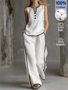 Conjunto casual de 2 piezas para mujer: Top con botones y pantalones en bloques de color - Negro - Ver 9
