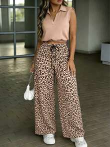 Pantalones anchos de cintura alta con estampado de leopardo para mujer, pantalones casuales sueltos con cordón, adecuados para el estilo callejero y las fiestas en la playa en verano - Negro - Ver 4