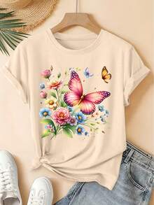 Camiseta de manga corta de gran tamaño con estampado floral colorido de mariposas, estilo vintage, cuello redondo, estilo bosque fresco, corte holgado, ropa de mujer versátil para fiestas elegantes y uso diario, primavera-verano 2026, 100% algodón. - Albaricoque - Ver 7