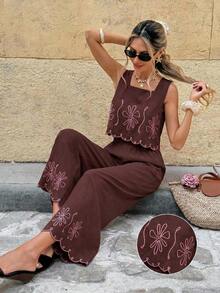 Frenchy 2 piezas Conjunto de top de tirantes bordado y pantalones casuales versátiles para vacaciones de mujer - Gris - Ver 3