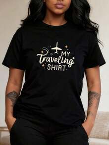 1 Piece Of Women's Printed Travel T-Shirt (Sizes S-2XL), Round Neck, Short Sleeve, Casual Top For Summer And Spring, 100% Cotton, Black Color, Travel Clothes, 180g. - 黑色 2 - 查看 8