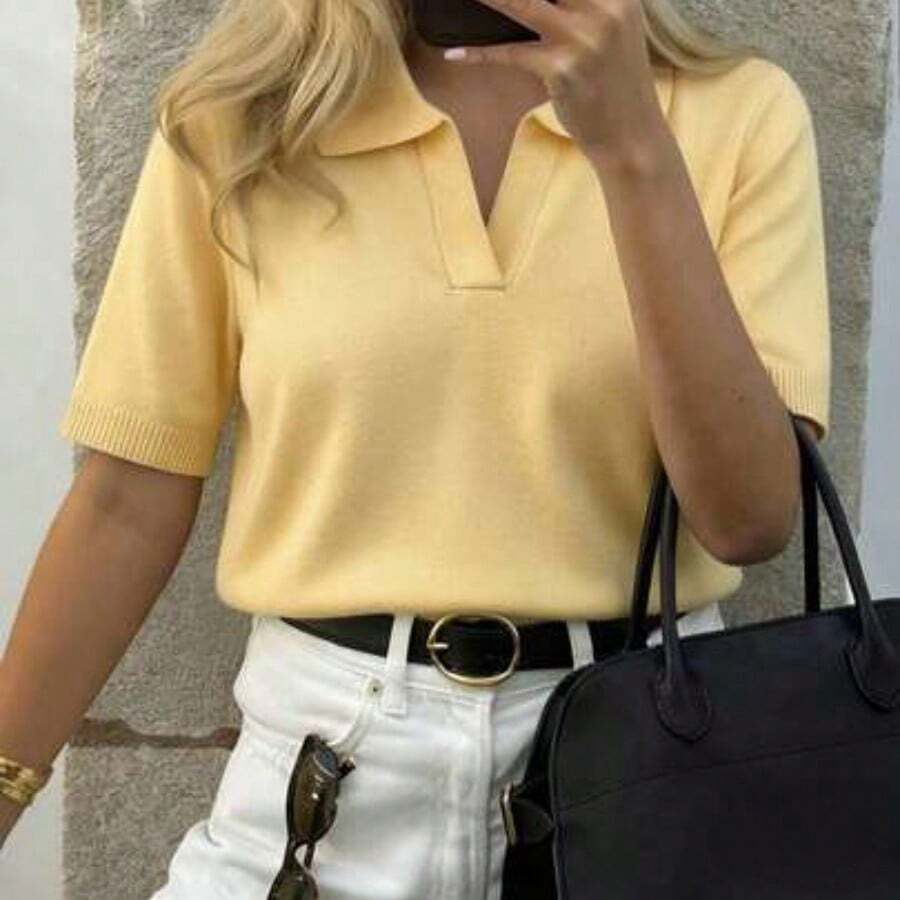 GIGOGOU Camiseta de punto de manga corta para mujer, suéter casual cómodo y suave con cuello polo, para primavera/verano - Amarillo - Ver 1