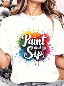 Camiseta para Mujer con Estampado de Salpicaduras de Pintura y Copa de Vino, Cuello Redondo, Uso Diario Casual, Suave y Cómoda, Camiseta para Vacaciones, 220g, Playera Holgada para Mujer - Blanco - Ver 1