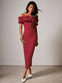 xheCOSMINA Vestido elegante de longitud media, ajustado, con hombros descubiertos y volantes con estampado de lunares para mujerxhe - Rojo - Ver 3