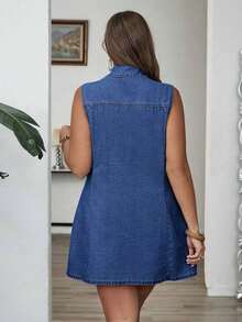 EMERY Mature Vestido vaquero de verano informal con botones delanteros y sin mangas para tallas grandes - Azul lavado medio - Ver 8