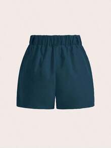 Pantalones cortos casuales de mujer de unicolor con bolsillos y pliegues - Azul - Ver 2