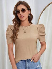 Camiseta unicolor de manga farol - Caqui - Ver 5