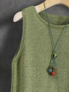 Chaleco de punto de unicolor para mujer, estilo japonés retro para capas, corto y casual para verano y vacaciones, versátil, adecuado para primavera, verano, principios de otoño, ir al trabajo, minimalista retro, festival de música colorido, escuela, top sin mangas - Verde - Ver 7