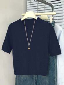 Suéter de punto de cuello redondo de manga corta para mujer, de unicolor casual para uso diario, jersey ligero minimalista y lindo, top de verano para mujer, conjunto de verano para mujer, suéter de punto de verano, top de verano adorable para mujer - Azul marino - Ver 2
