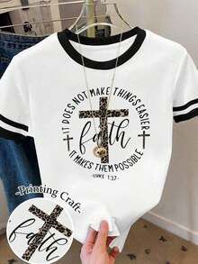 Camiseta de mujer 100% algodón con estampado gráfico de corazón y amor, cuello redondo, contraste de color blanco y negro, bloques de color y rayas - Multicolor 6 - Ver 5