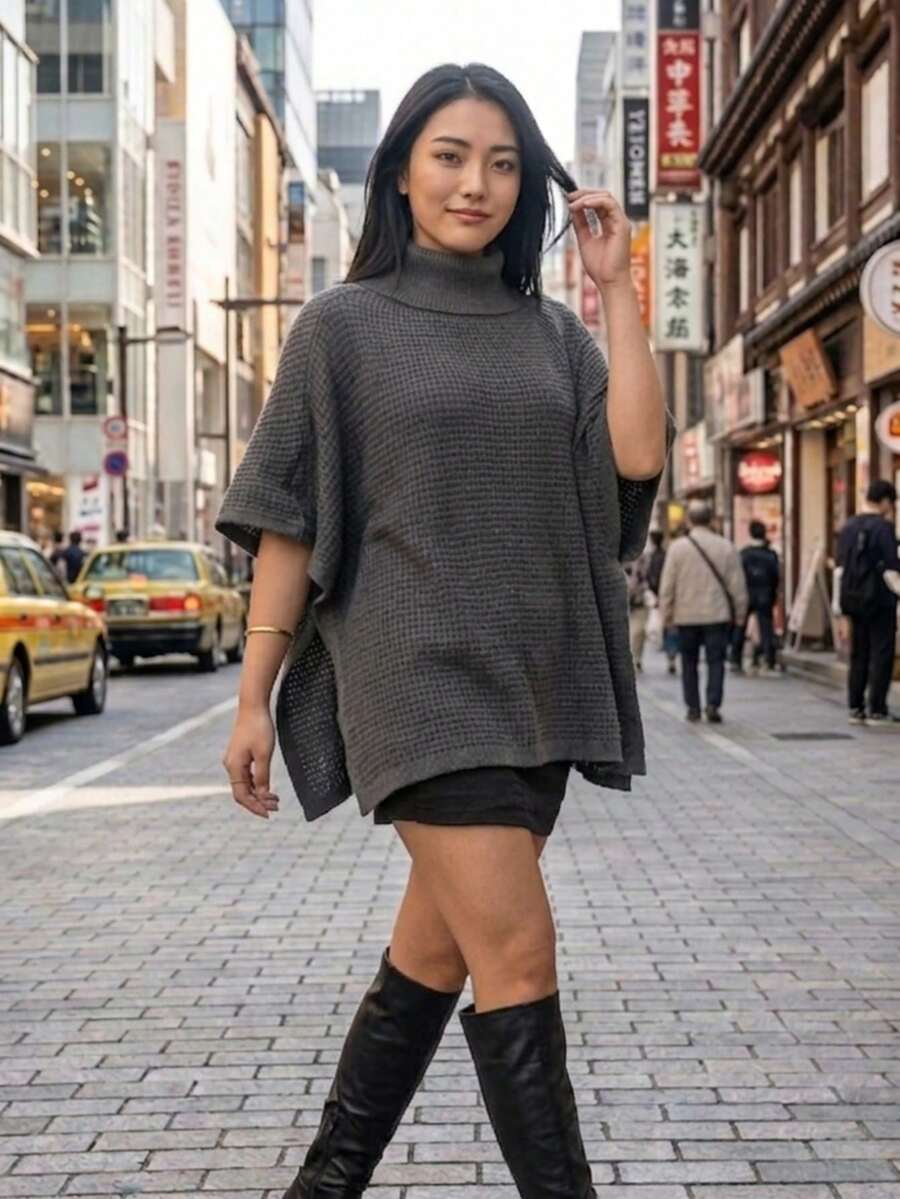 Women's High-Neck Knit Coat, Cape Style, Ideal For Autumn And Winter Looks, Perfect For The Blogger Style. High In The Front And Low In The Back. Pointelle Knit. - Dark Grey - View 1