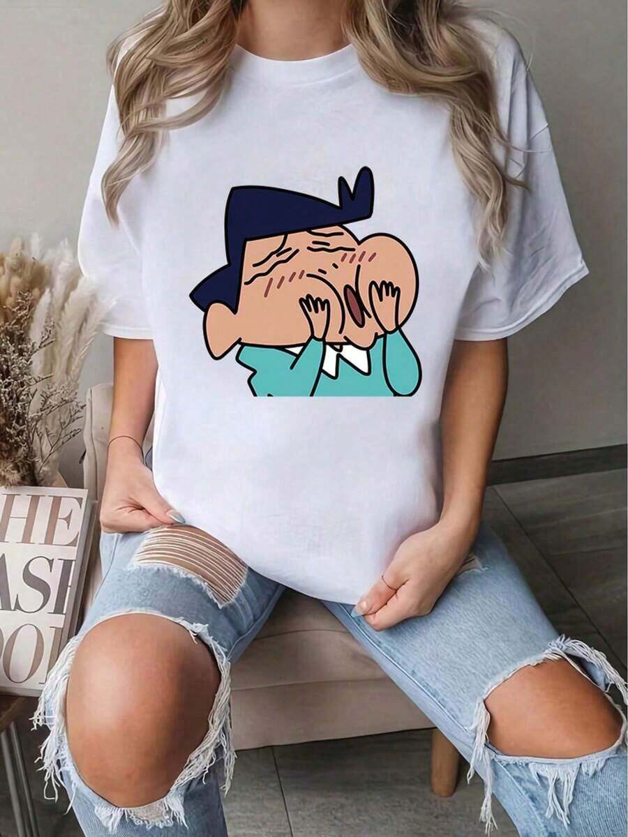 Camiseta Blanca Personalizada de Cuello Redondo para Mujer, Uso Diario, con Hermoso Estampado, 180GBasic, Holgada y Lavable a Máquina, Tallas Esenciales de Verano S-2XL.¡No Te La Pierdas! - Camiseta Unisex de Manga Corta y Cuello Redondo de Algodón Suelto Estilo Vintage Urbano - Blanco - Ver 1